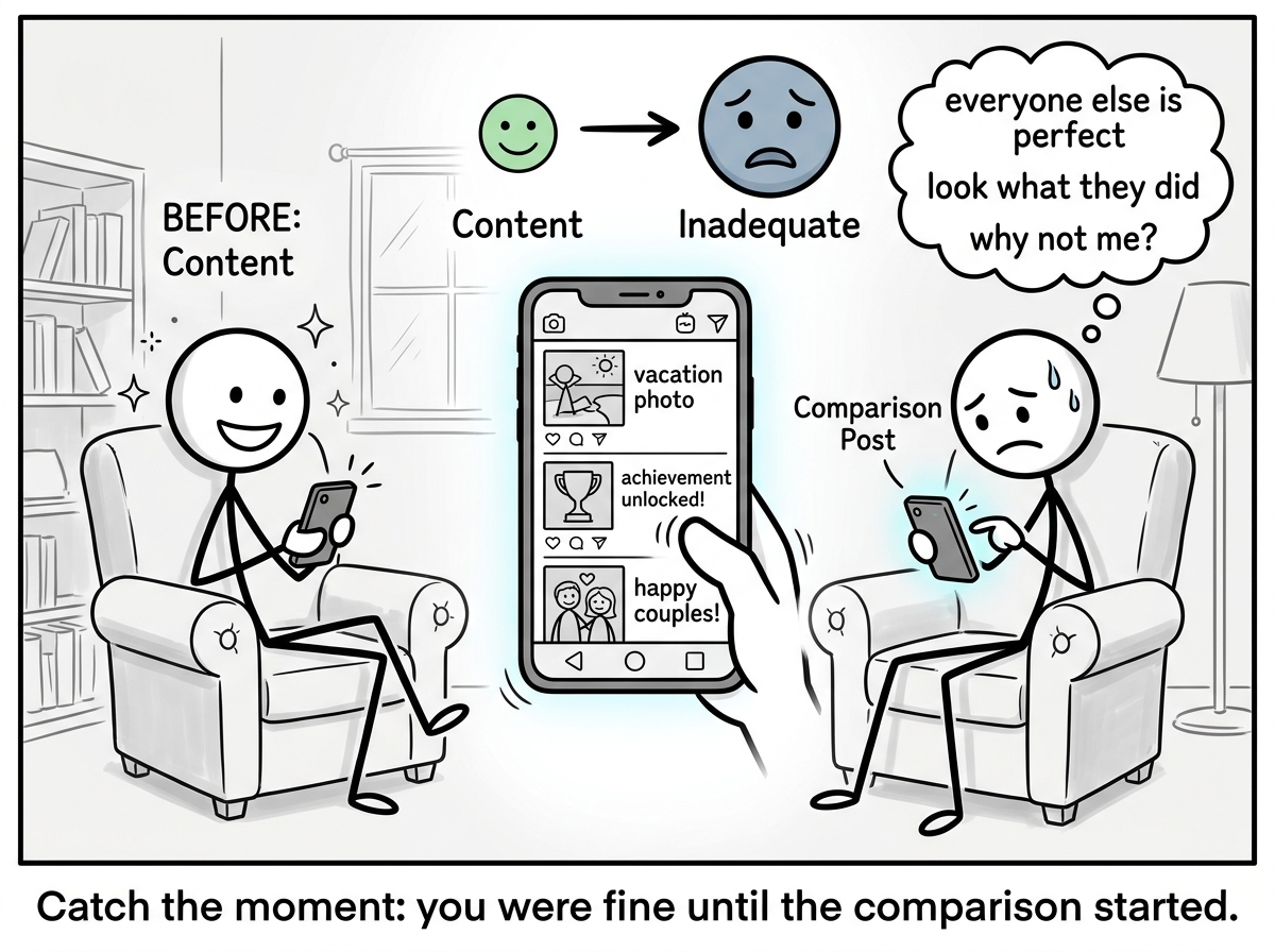 A stick figure catching themselves mid-scroll, noticing the exact moment their mood shifted from content to inadequate