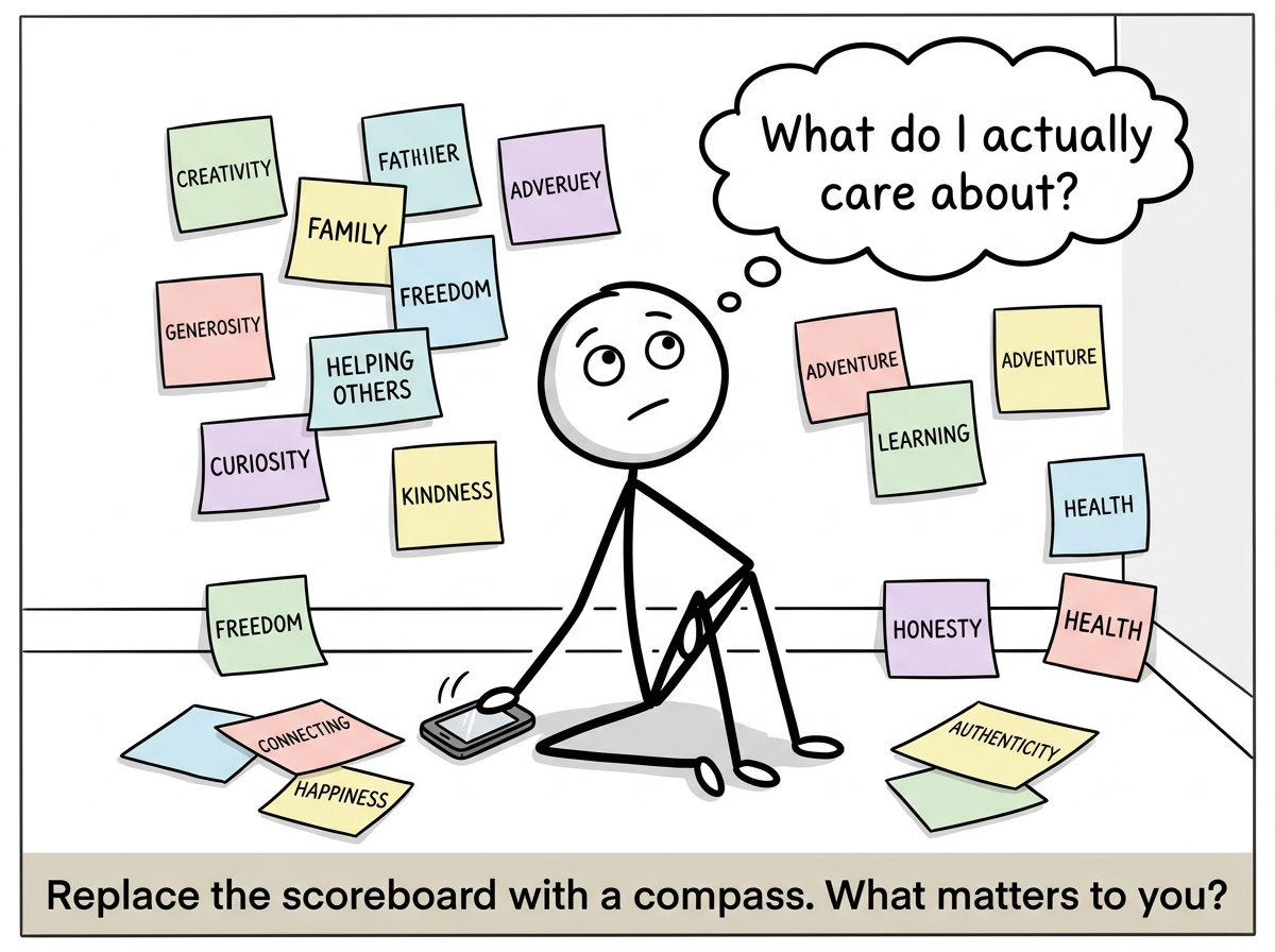 The stick figure putting the phone down and asking 'What do I actually care about?' with their own values written on sticky notes around them