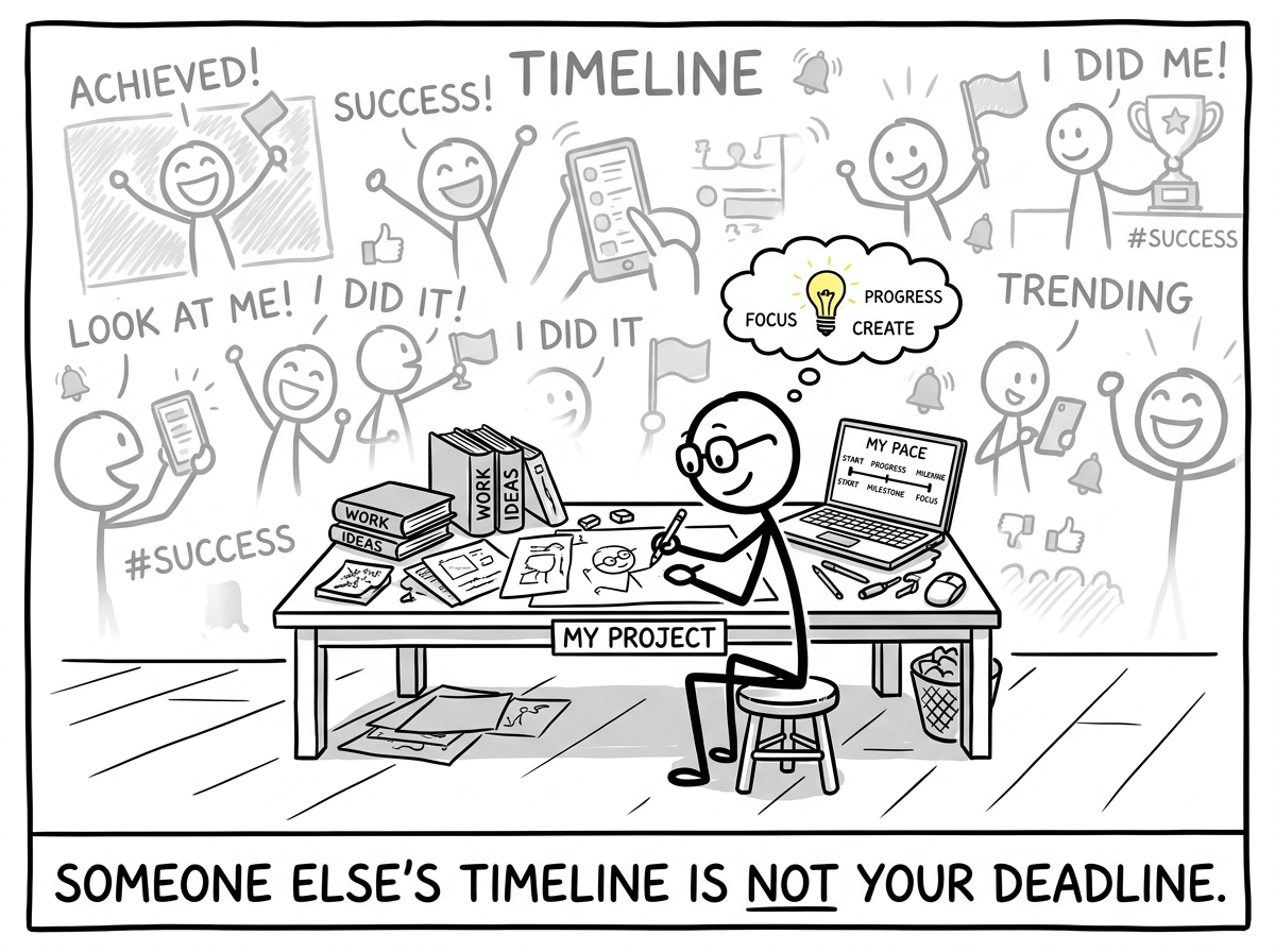 The stick figure focusing on their own project, their own pace, their own progress, with the social media feed faded and irrelevant in the background