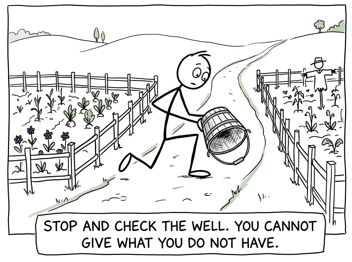 A stick figure pausing mid-run between other people's gardens, looking down at the empty bucket, finally acknowledging it is dry.