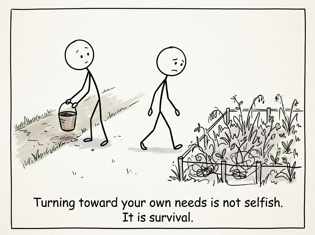 A stick figure gently setting the bucket down and walking toward their own neglected garden, looking guilty but resolute.