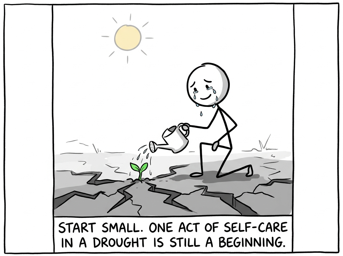 A stick figure watering their own cracked soil, a tiny green sprout appearing, tears on their face because it has been so long.