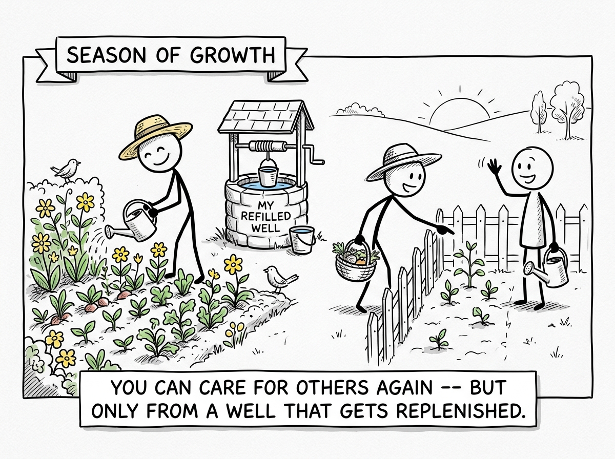 A stick figure tending their own garden which is growing again, still helping a neighbor occasionally but from a refilled well.