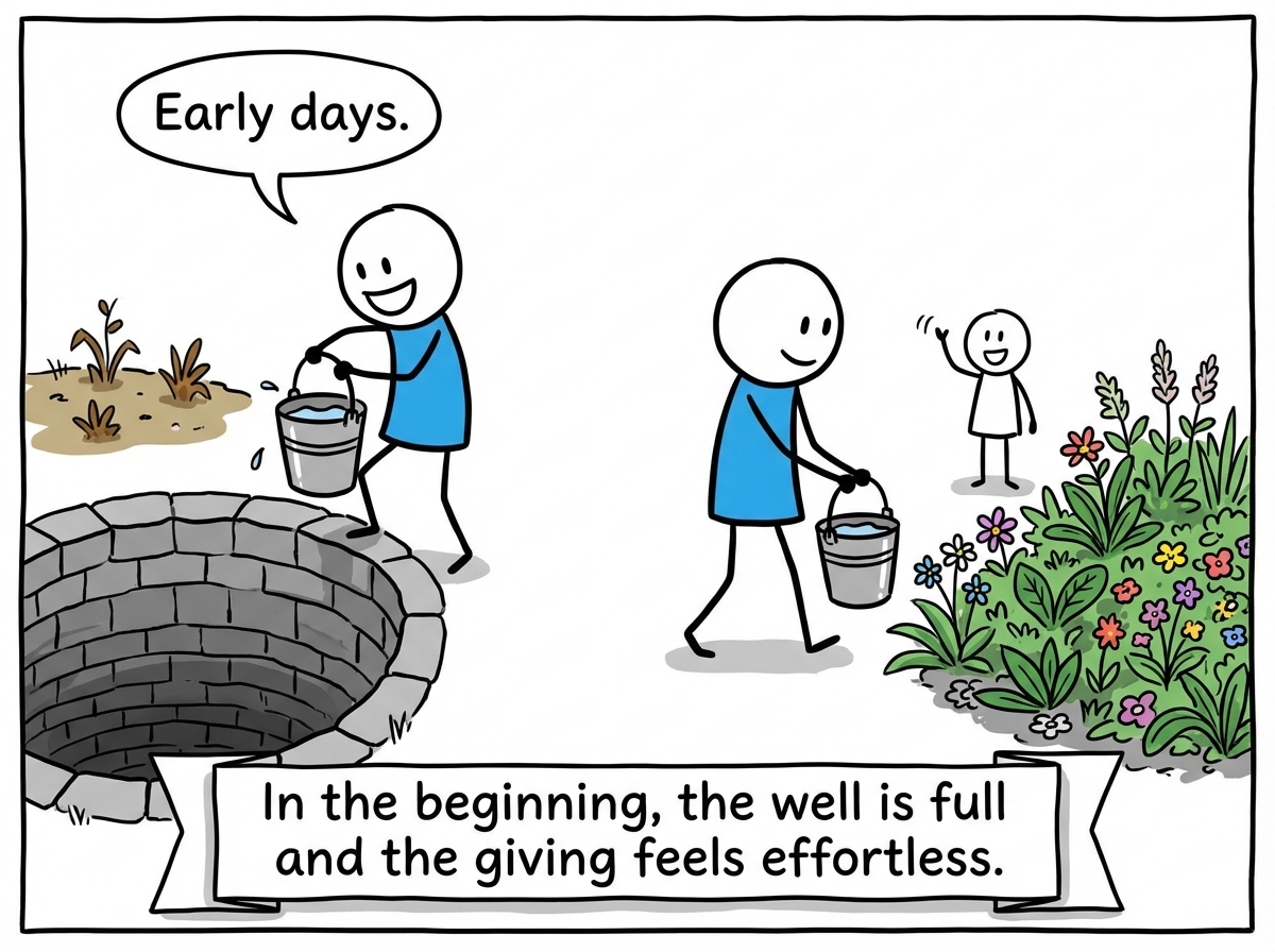 A stick figure cheerfully drawing water from a deep well, carrying a full bucket to water a neighbor's beautiful garden. The figure's own small garden behind them looks fine -- a little dry but okay. The well is full and the figure is smiling. A label reads 'Early days'