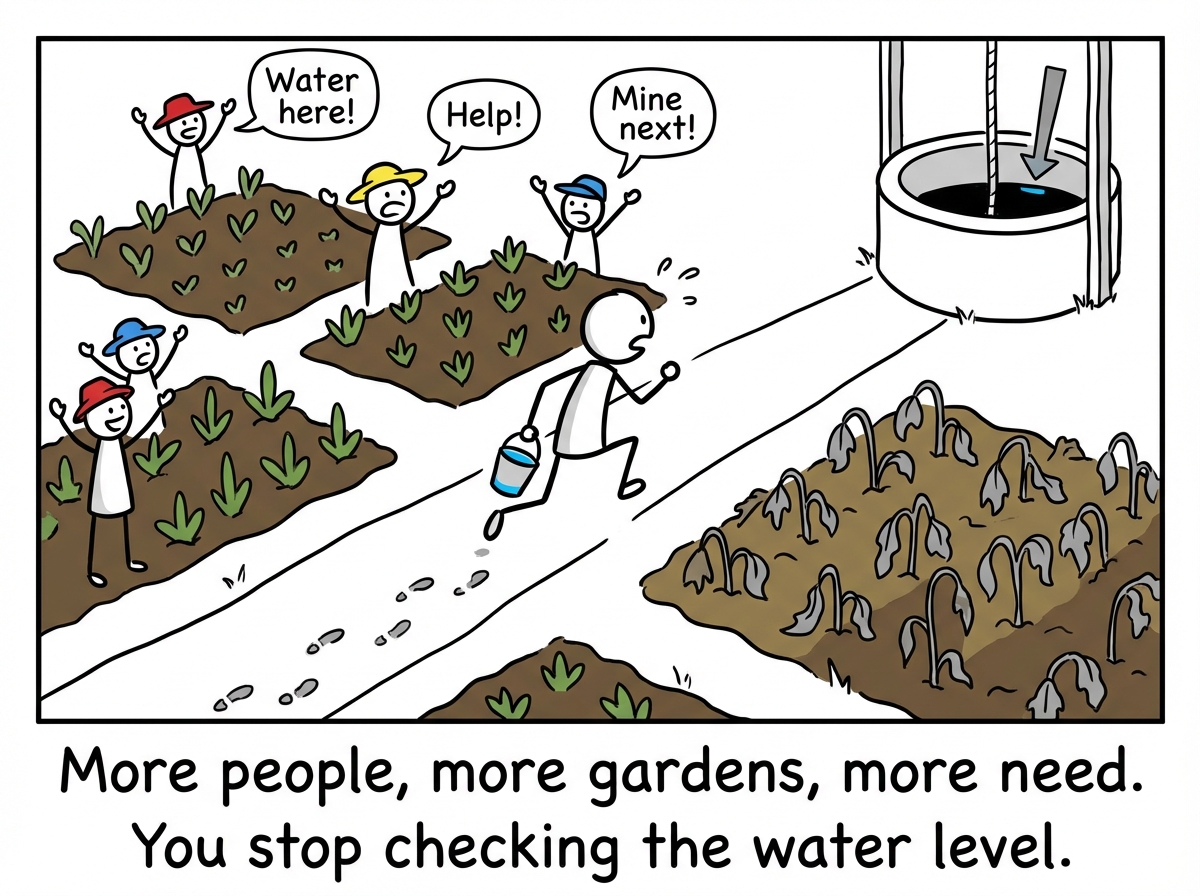 The figure is now running between multiple gardens, each belonging to a different person calling out for water. The bucket is getting lighter each trip. The figure's own garden behind them is visibly wilting. The water level in the well has dropped noticeably, but the figure does not check -- they are too busy running