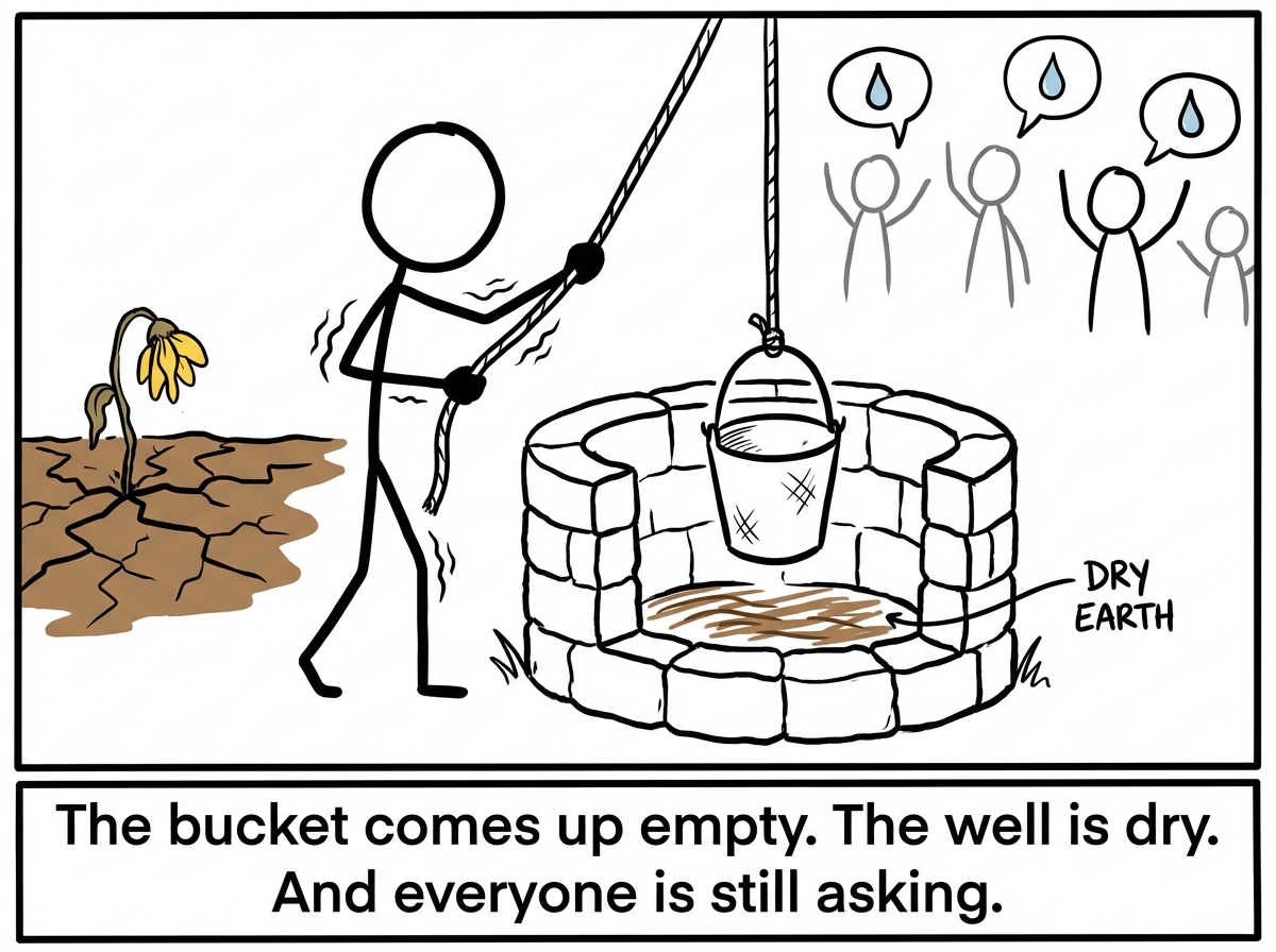 The figure lowers the bucket into the well and it comes up completely empty -- scraping the dry stone bottom. Their arms shake. The gardens around them are still calling for water. Behind them, their own garden is cracked earth with a single drooping flower. The figure stares at the empty bucket, stunned