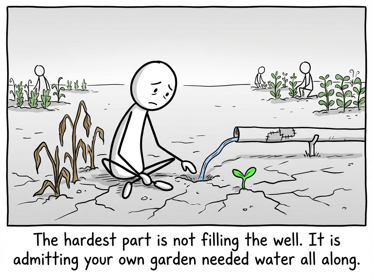 The figure has finally sat down next to their own withered garden. They have redirected a small trickle of water to their own soil. It is not much -- just a start. Some of the other gardens are managing on their own. A small green sprout pushes through the cracked earth. The figure looks exhausted but present