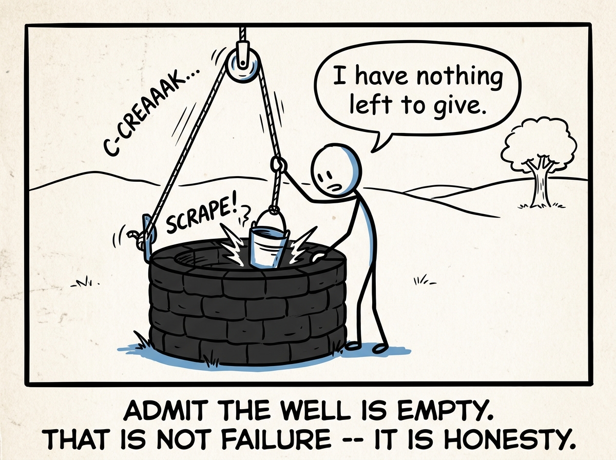 A stick figure lowering the bucket and hearing it scrape the bottom, finally pausing and saying 'I have nothing left to give.'