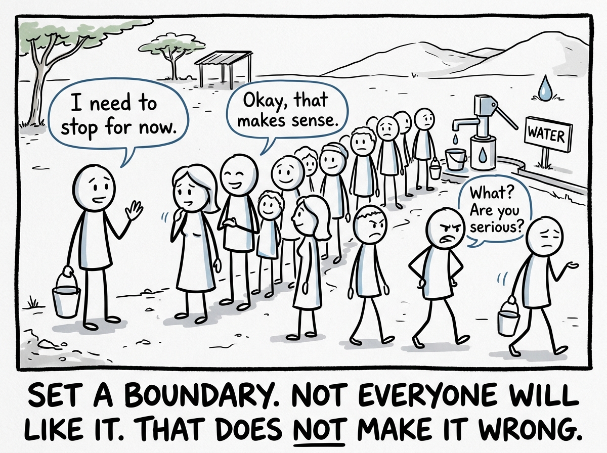 A stick figure gently telling the people waiting for water 'I need to stop for now,' some of them understanding, some walking away.