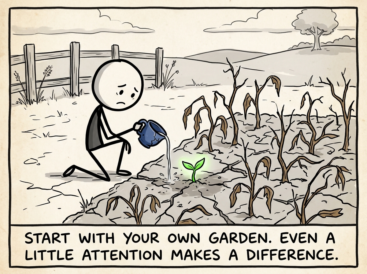 A stick figure kneeling by their own withered garden, pouring a small cup of water onto the cracked soil, a single sprout appearing.