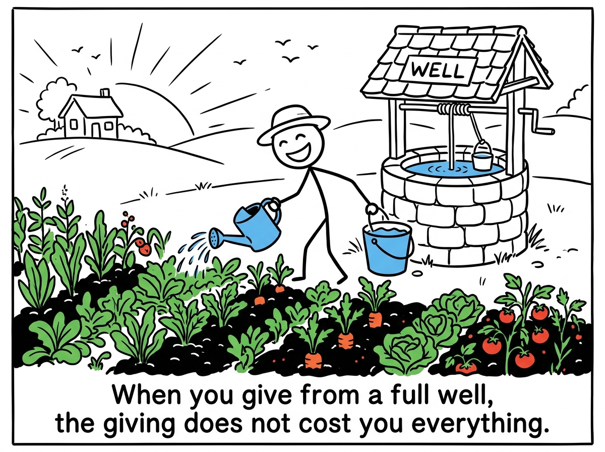 A stick figure tending a growing garden, the well behind them slowly refilling, occasionally sharing water from abundance rather than depletion.