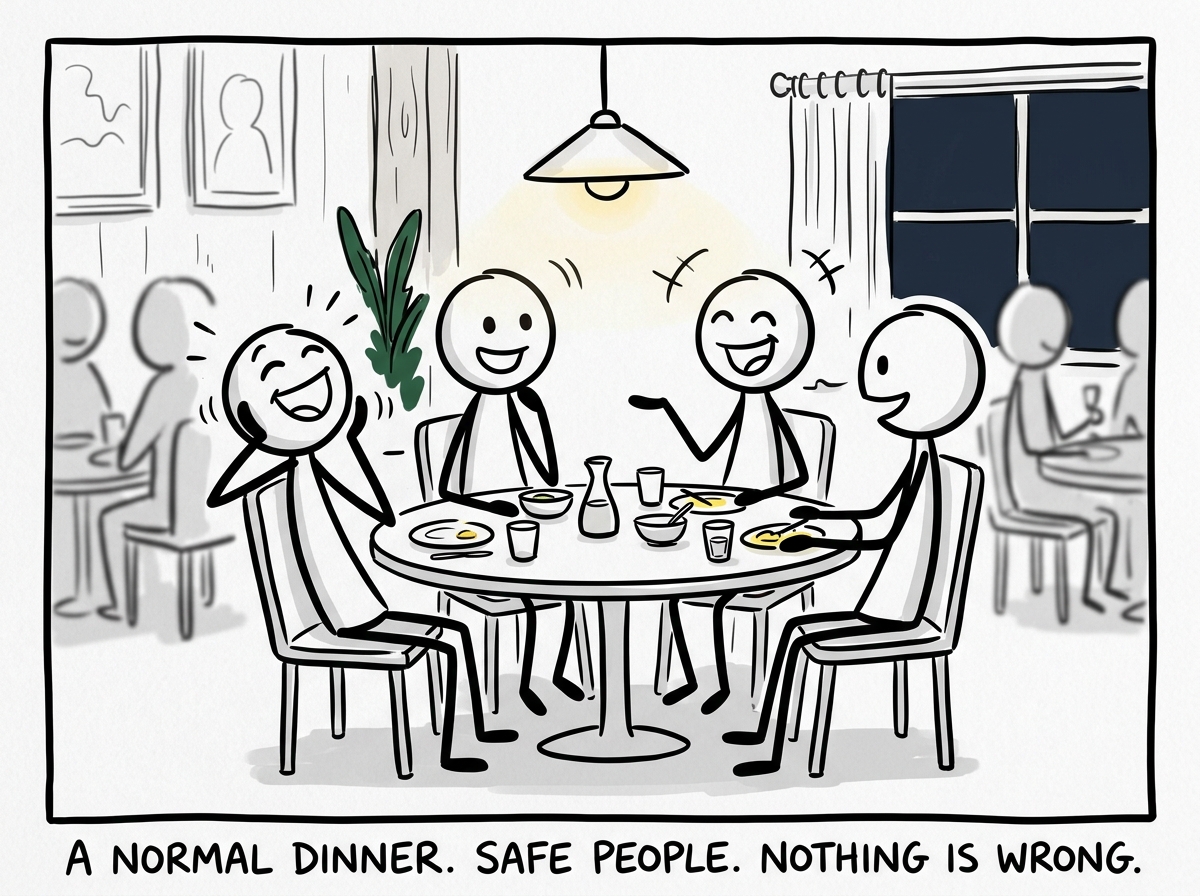 A stick figure sitting at a restaurant table with friends, everyone laughing and relaxed, a warm and safe scene
