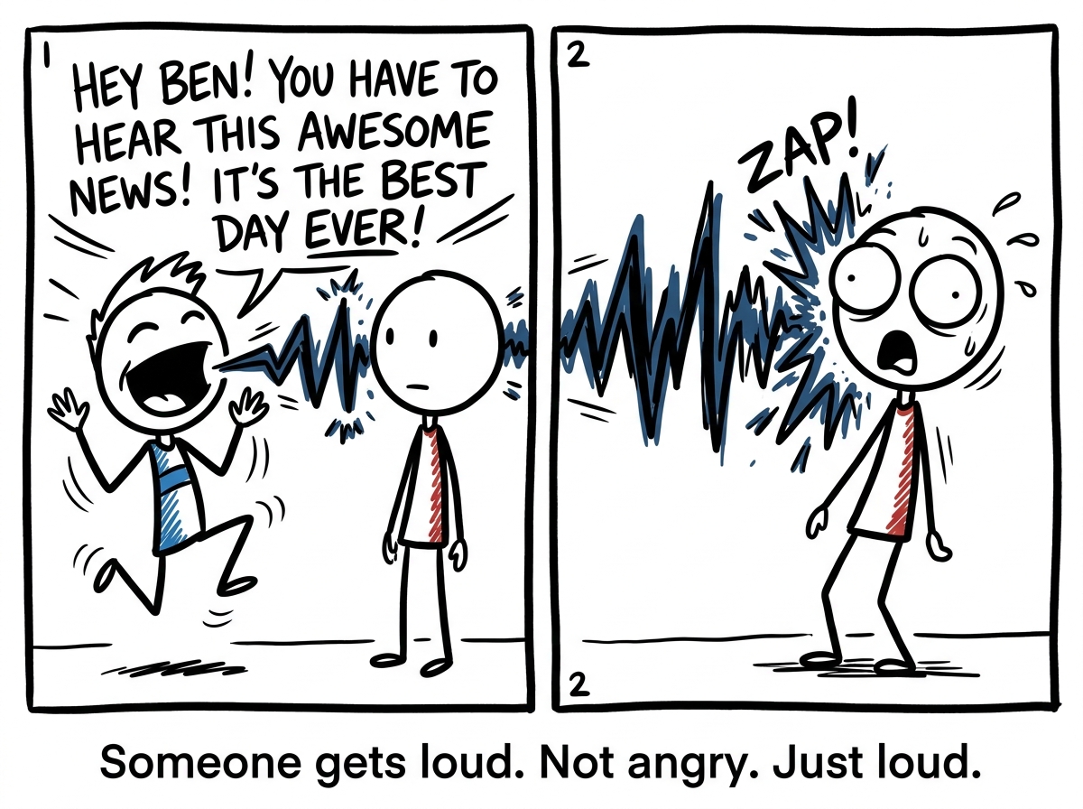 One friend raises their voice in excitement about something, and a visible sound wave travels toward the stick figure whose eyes suddenly go wide