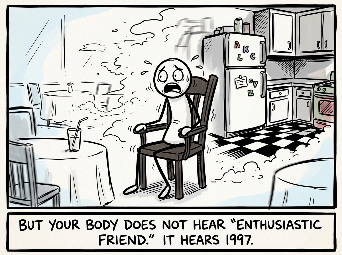 The stick figure shrinks to half their size in the chair, the restaurant dissolving around them into the shadowy outline of a childhood kitchen, their adult body but a child's terrified expression