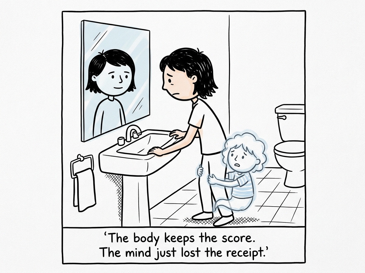 The stick figure in the bathroom gripping the sink, looking at their adult reflection in the mirror while a ghostly child version of themselves clings to their leg