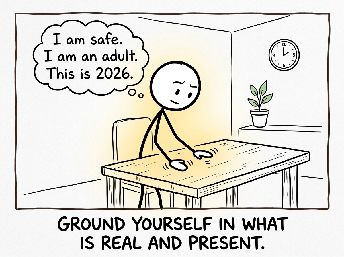 The stick figure placing both hands on the table, feeling the solid surface, and telling themselves 'I am safe. I am an adult. This is 2026.'