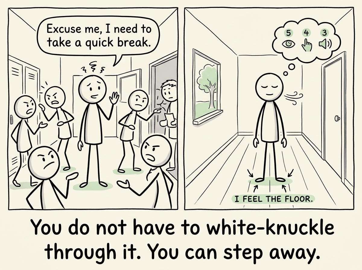 The stick figure calmly excusing themselves and doing a grounding exercise in a quiet hallway, feet firm on the floor