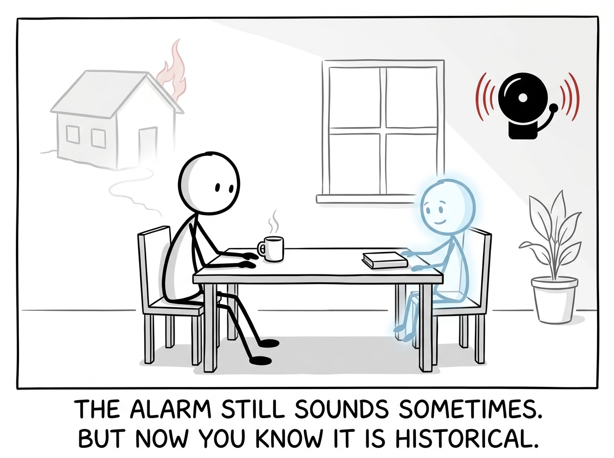 The stick figure returning to the table, the flashback faded, the ghostly child beside them now calmer too