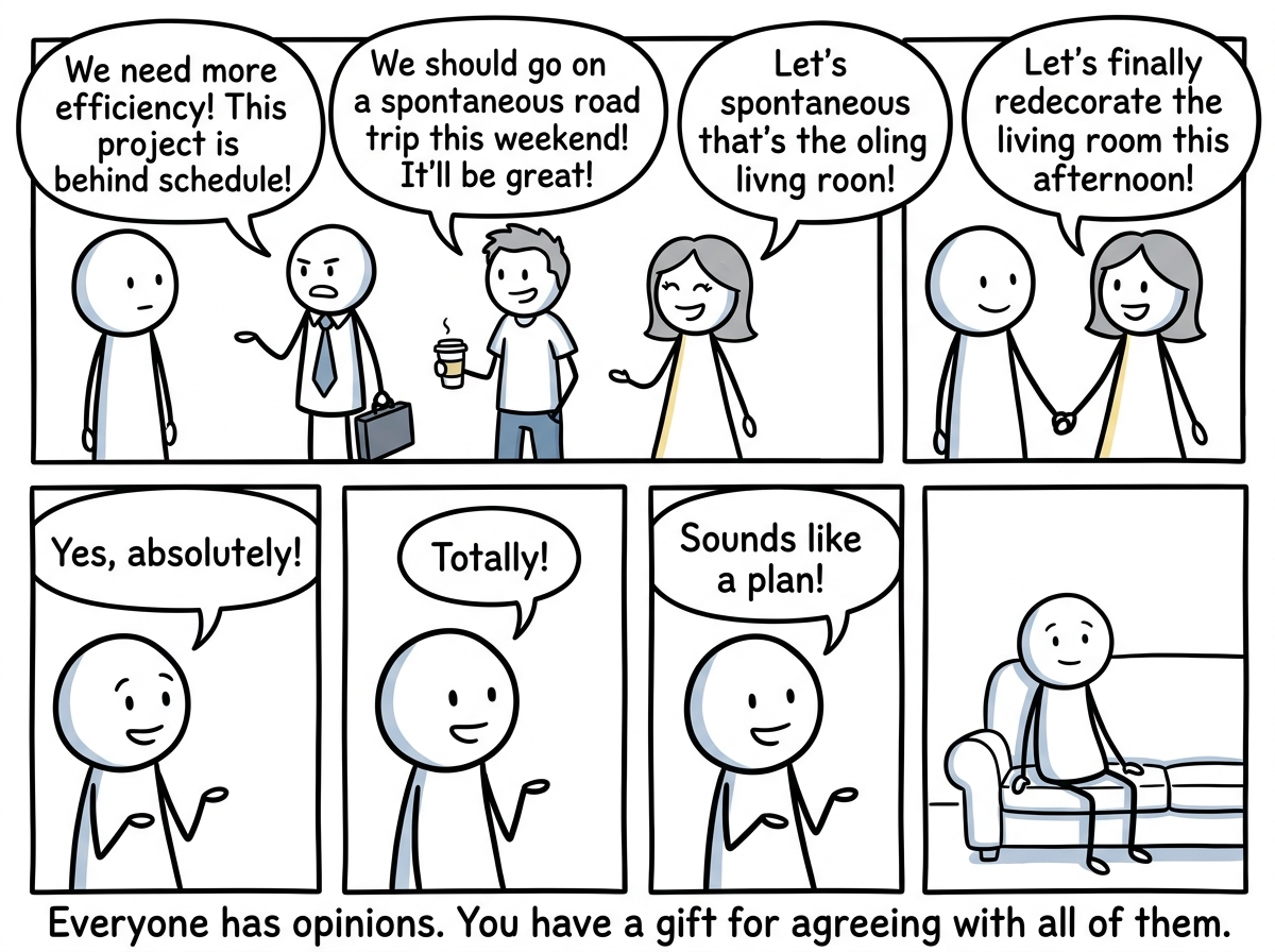 A stick figure with a blank face standing between three different people -- a boss, a friend, and a partner -- each with strong opinions shown in speech bubbles