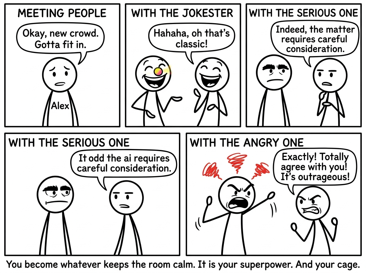 The stick figure morphing into three different versions of themselves, each one a perfect mirror of the person they are talking to -- laughing with the joker, serious with the serious one, agreeable with the angry one