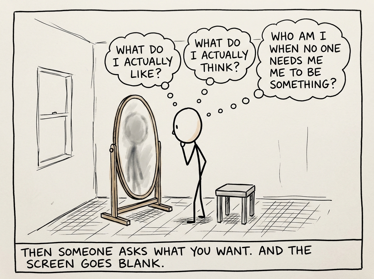 The stick figure alone in a room, looking in a mirror that shows a blurred, featureless face, with thought bubbles asking 'What do I actually like? What do I actually think? Who am I when no one needs me to be something?'