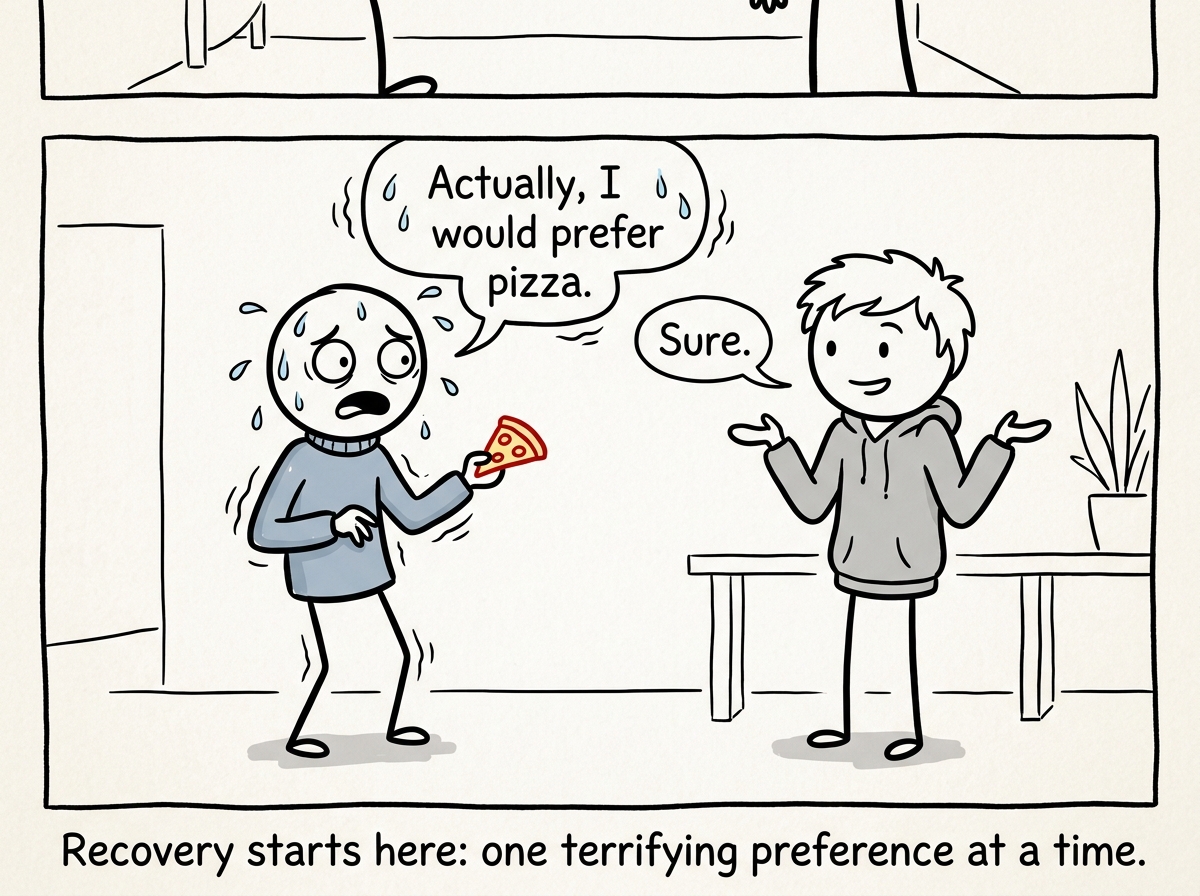 The stick figure tentatively saying 'Actually, I would prefer pizza' to a friend, sweating profusely as if defusing a bomb, while the friend casually shrugs and says 'Sure'