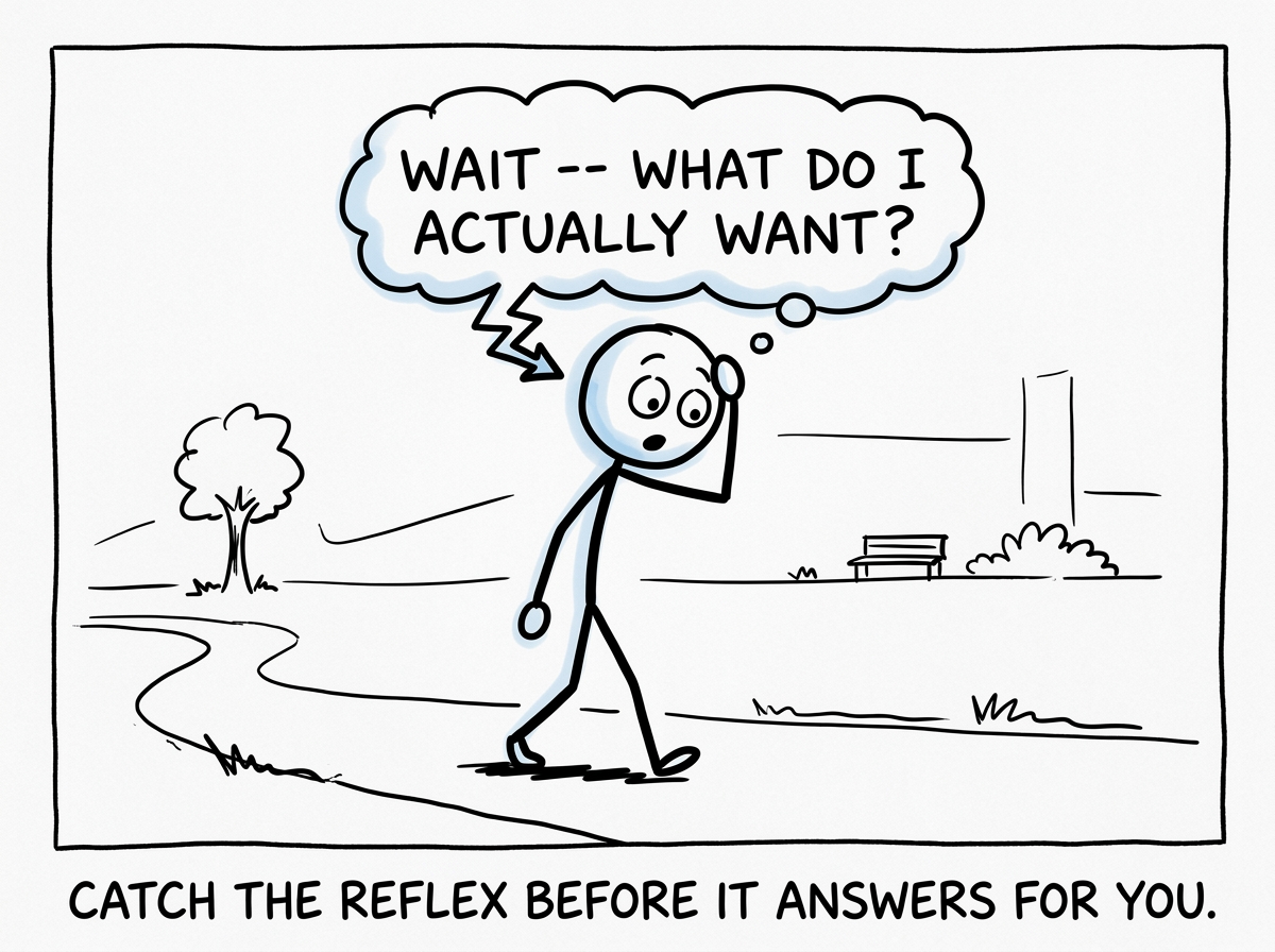 A stick figure notices themselves about to automatically agree and pauses, thinking 'Wait -- what do I actually want?'