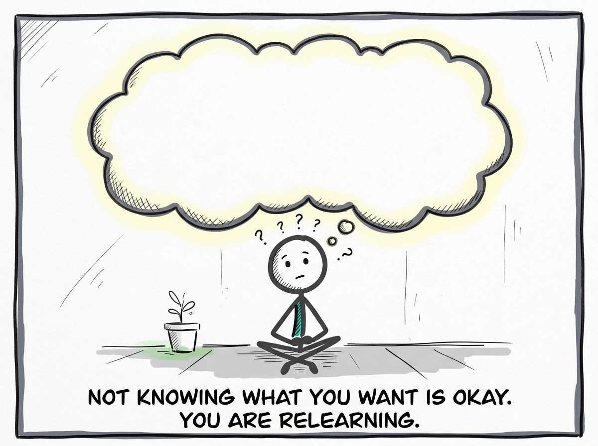 The stick figure sitting with the discomfort of not knowing their own preference, being patient with the blankness