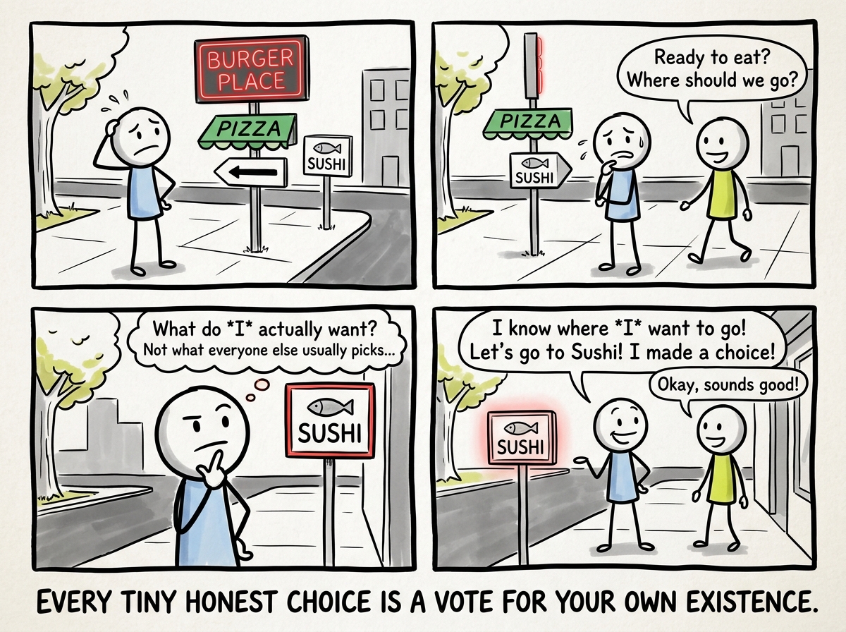The stick figure choosing something small for themselves -- picking a restaurant, saying 'I need a minute to think'