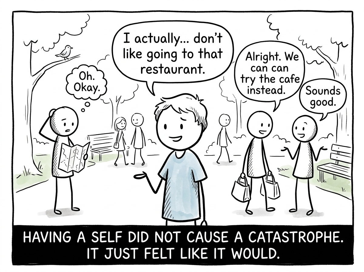 The stick figure expressing a preference and the world not ending, the people around them simply adjusting