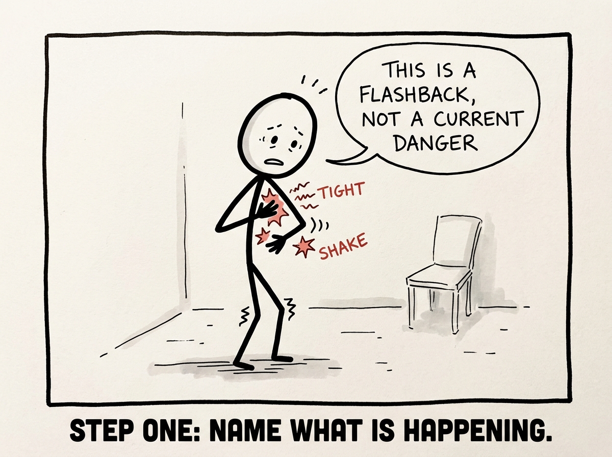 A stick figure notices their chest tightening and hands shaking, pauses, and thinks 'This is a flashback, not a current danger'
