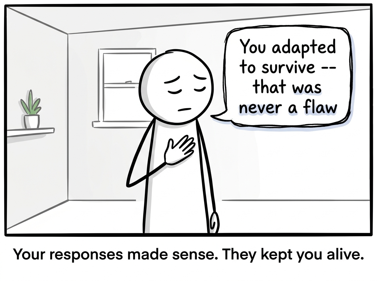 The stick figure places a hand on their chest and says to themselves 'You adapted to survive -- that was never a flaw'