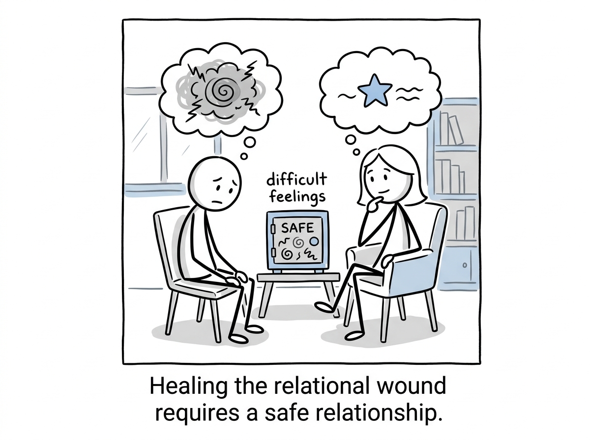 The stick figure sitting with a therapist who moves at a gentle pace, a small safe container drawn between them holding the difficult feelings