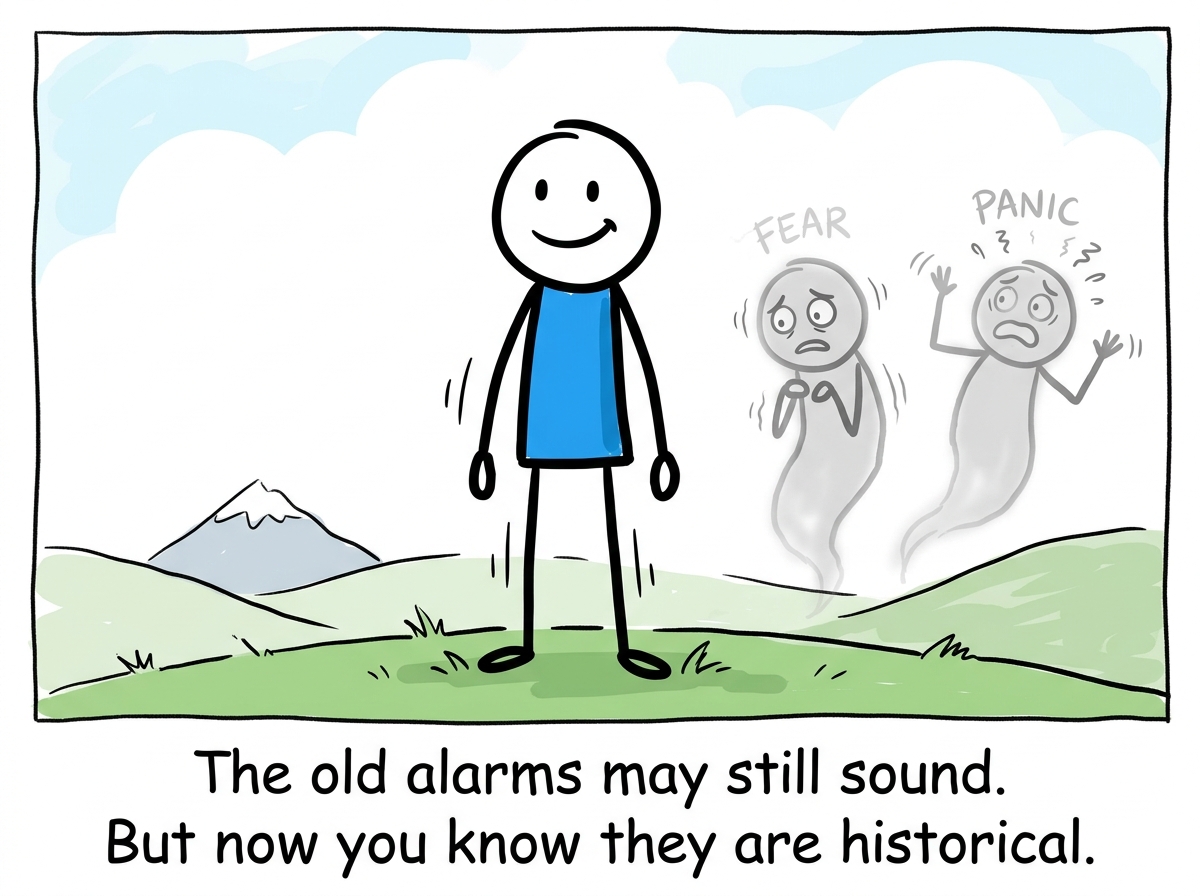 The stick figure standing taller, old survival reflexes shown as faded ghosts beside them rather than controlling them