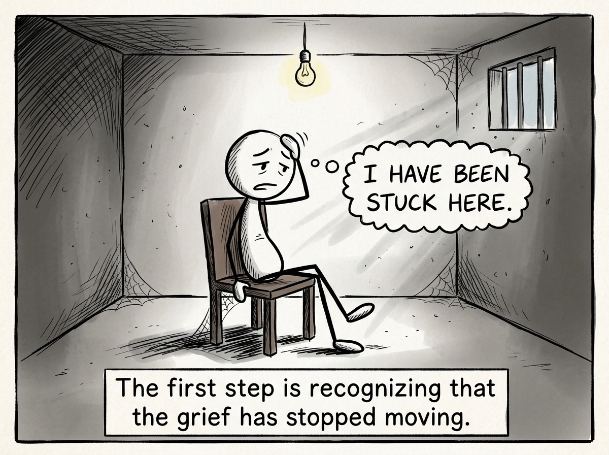 A stick figure noticing they have been sitting in the same dark room for a very long time, a thought bubble reading 'I have been stuck here.'