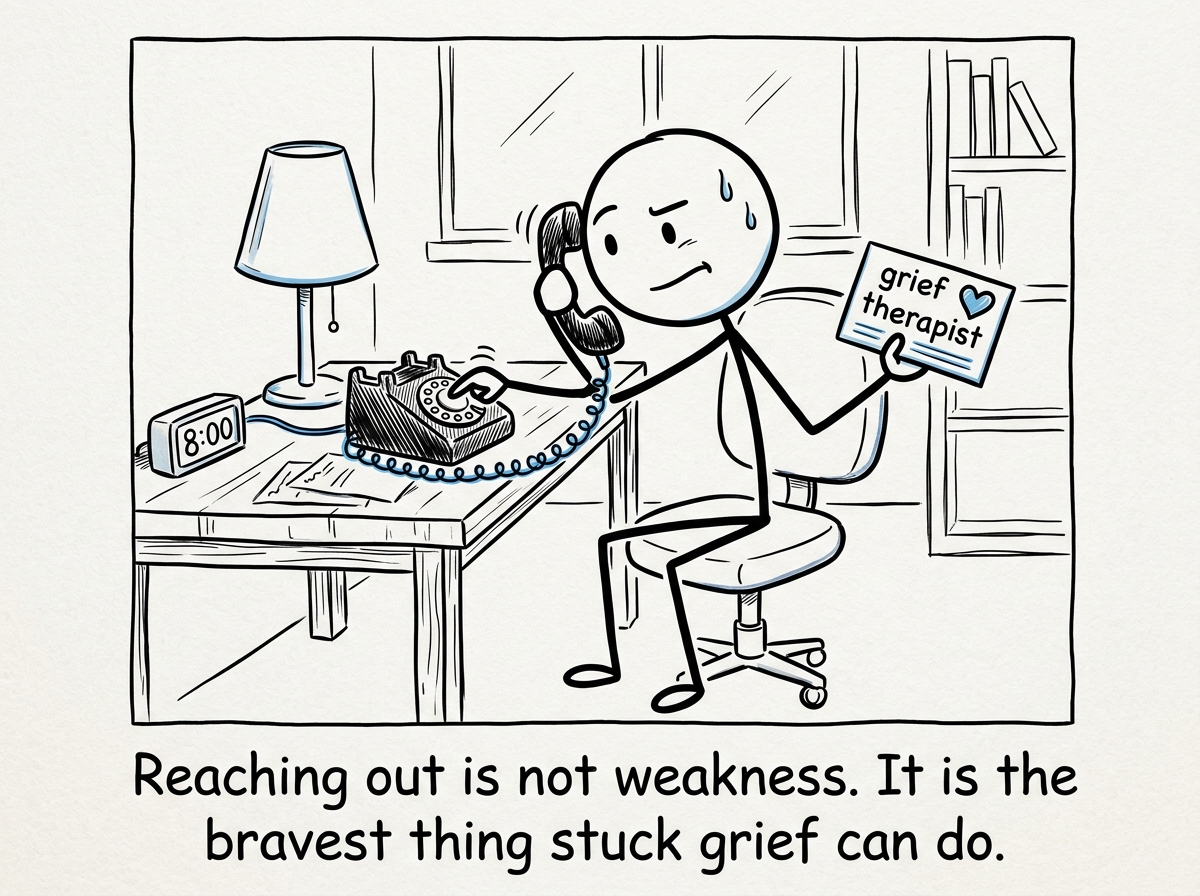 A stick figure picking up a phone and dialing, a small card in their hand reading 'grief therapist,' looking nervous but determined.