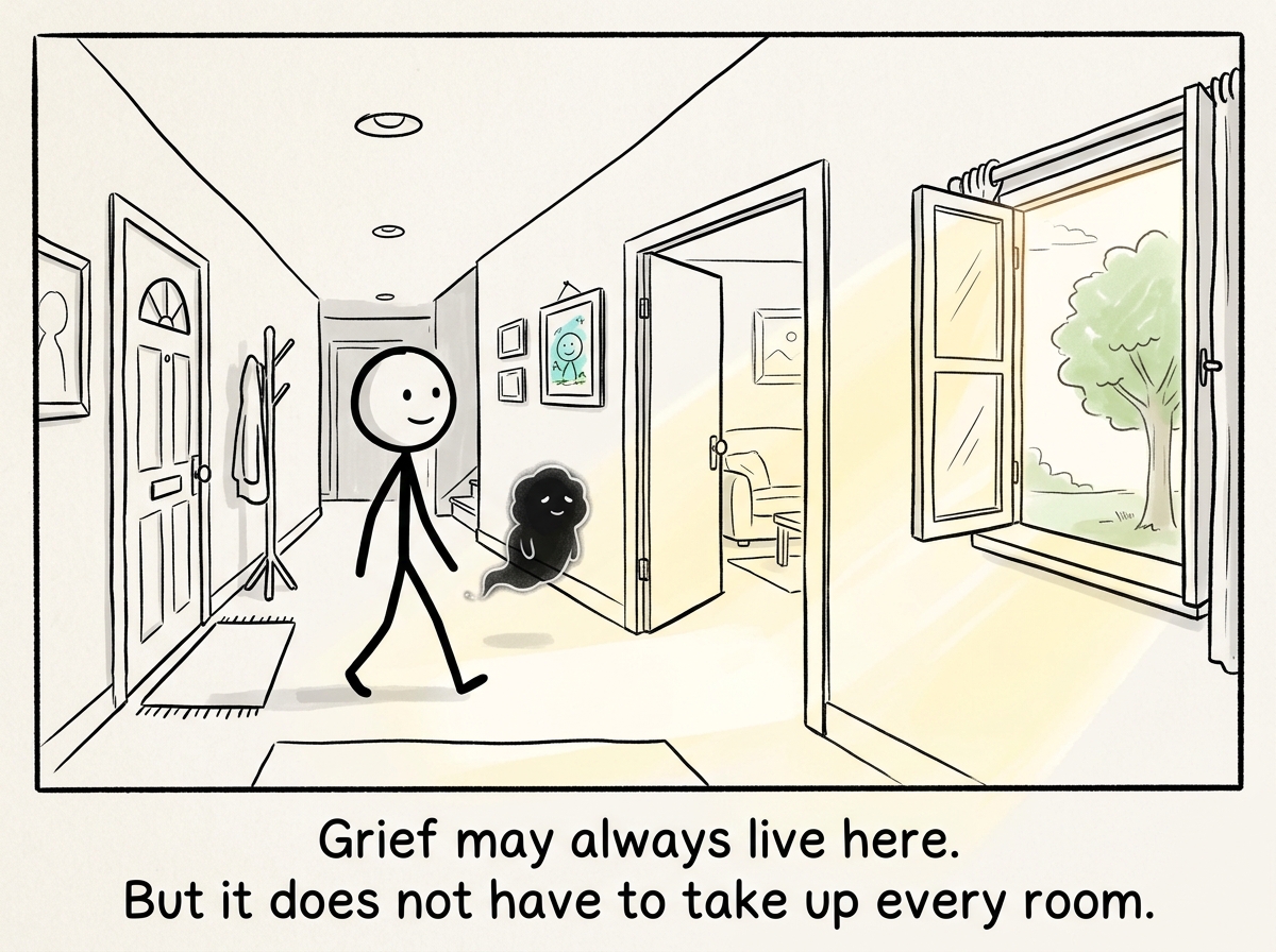 A stick figure walking through their house, Grief still present but smaller now, no longer filling every room, a window open with light coming in.