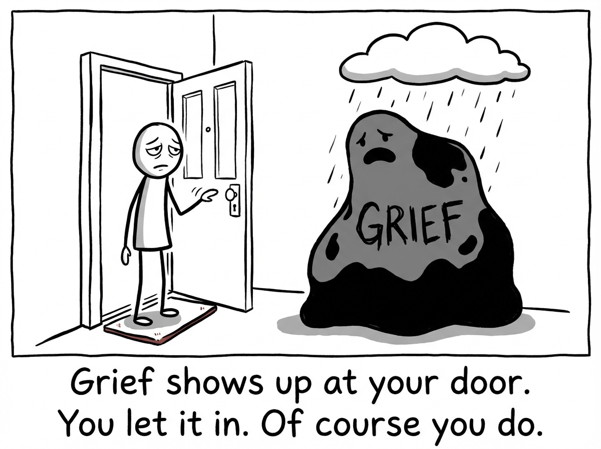 A stick figure opening their front door. Standing outside is a large, dark, amorphous figure labeled 'Grief.' The stick figure looks sad but unsurprised, gesturing for Grief to come inside.