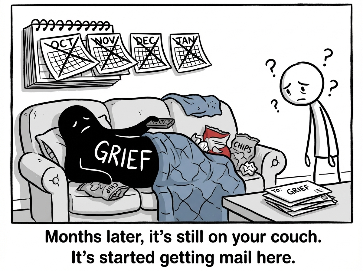 Time has passed -- a calendar on the wall shows several months gone. Grief is lounging on the couch, remote in hand, surrounded by chip bags and blankets. It has clearly settled in. The stick figure stands nearby looking exhausted and confused.