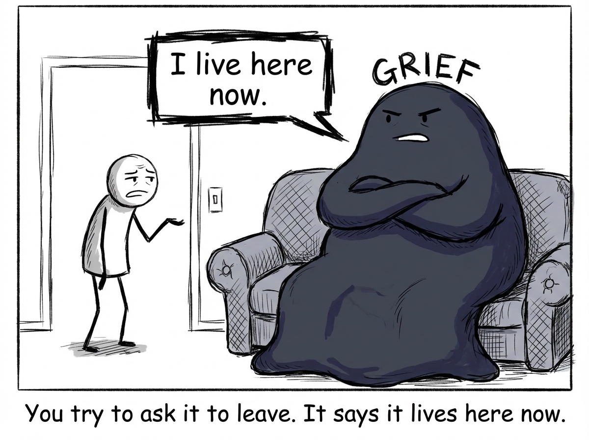 The stick figure trying to open the front door and gesture Grief out, but Grief is enormous now, filling the entire couch, arms crossed, shaking its head. A speech bubble from Grief reads: 'I live here now.' The figure looks defeated.