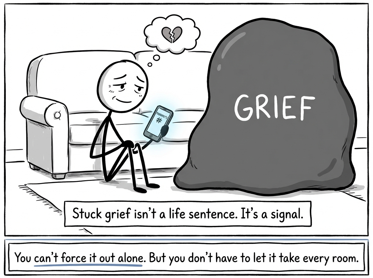 The stick figure sitting on the floor beside the couch, looking at Grief with a mix of exhaustion and something like understanding. A small phone in their hand shows a therapist's number. A text reads: 'Stuck grief is not a life sentence. It is a signal.'