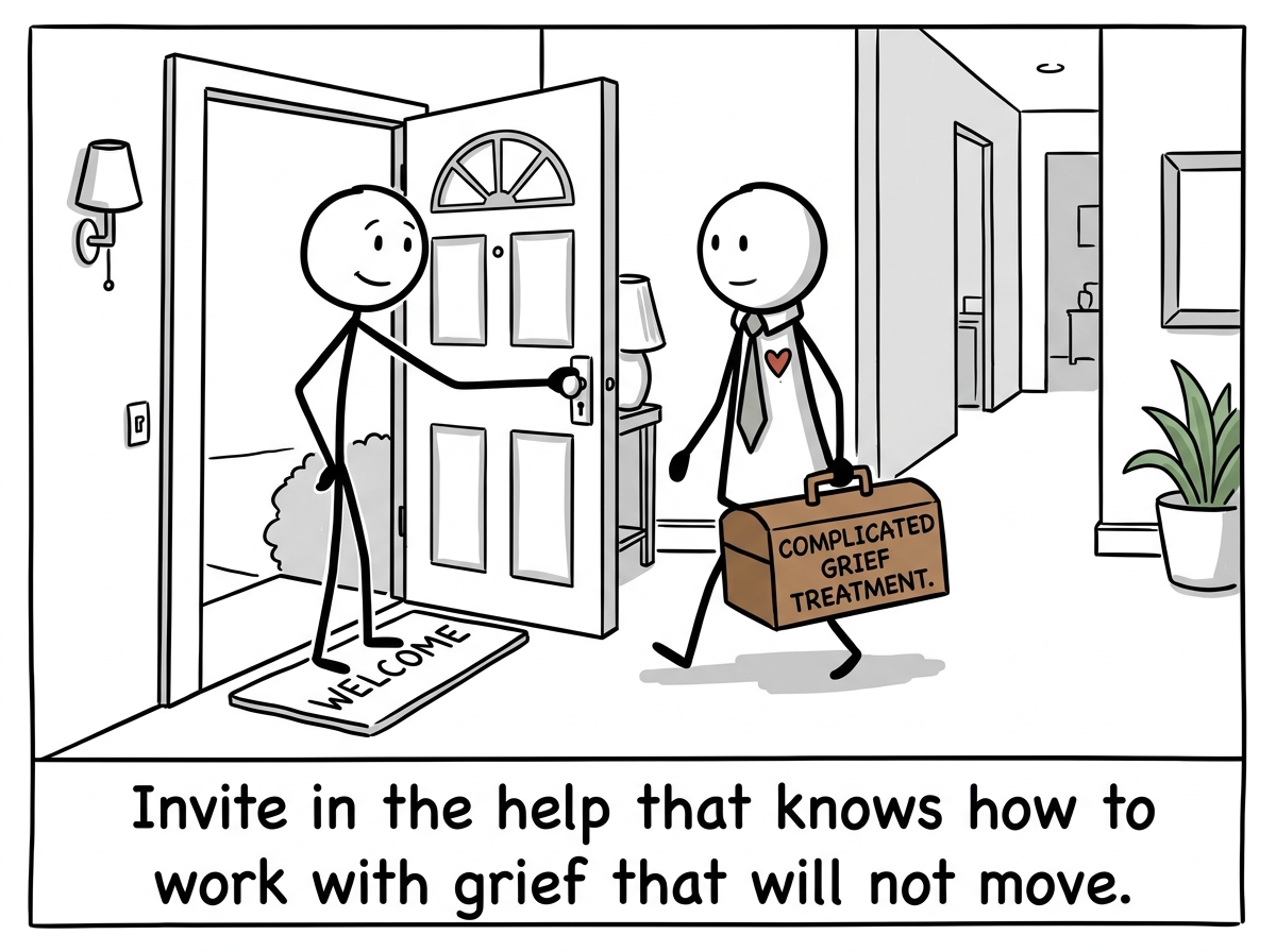 A stick figure opening the front door to let a therapist in, the therapist carrying a toolbox labeled 'Complicated Grief Treatment.'
