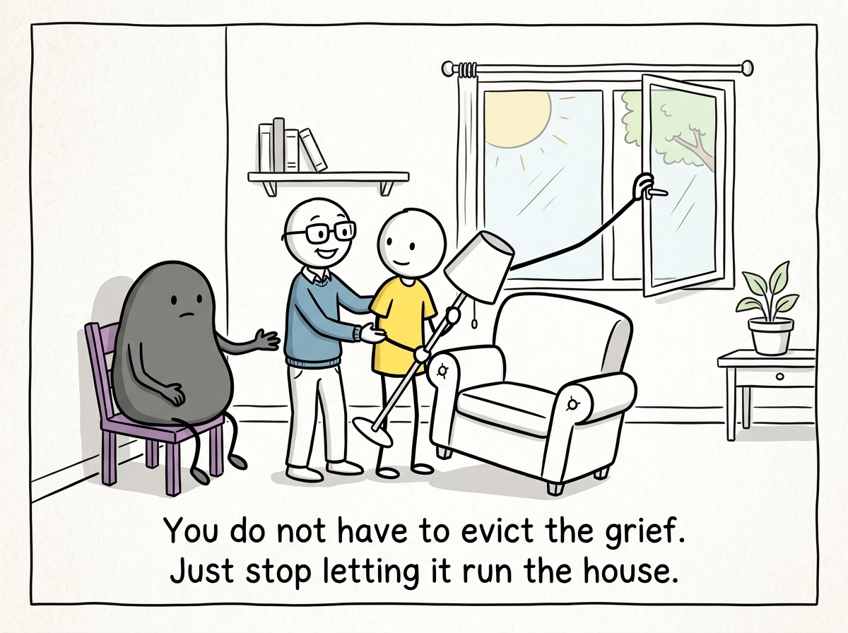 A stick figure and the therapist gently rearranging the living room, Grief still there but moved to a smaller chair, windows opening.