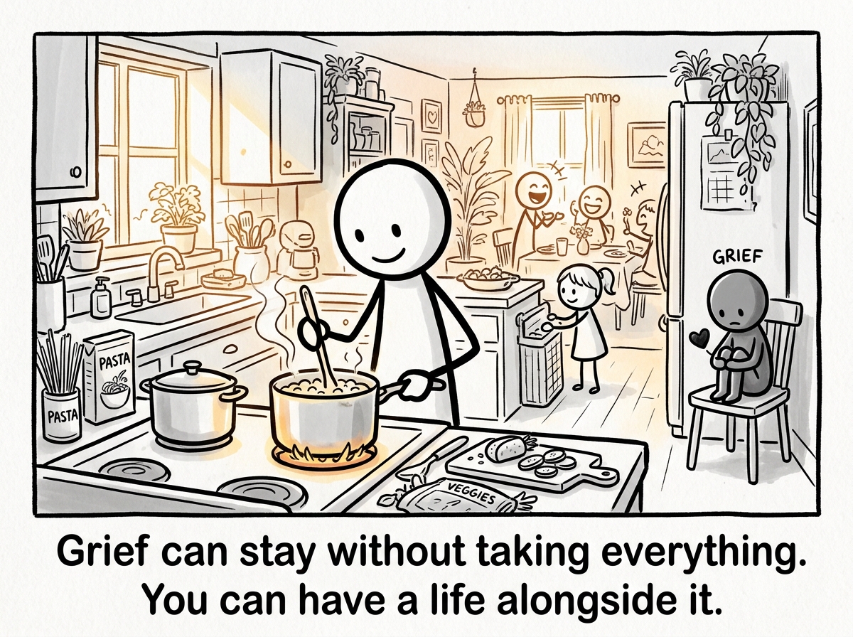 A stick figure cooking dinner in their own kitchen, Grief sitting quietly in a corner chair, smaller now, the rest of the house full of light and life.