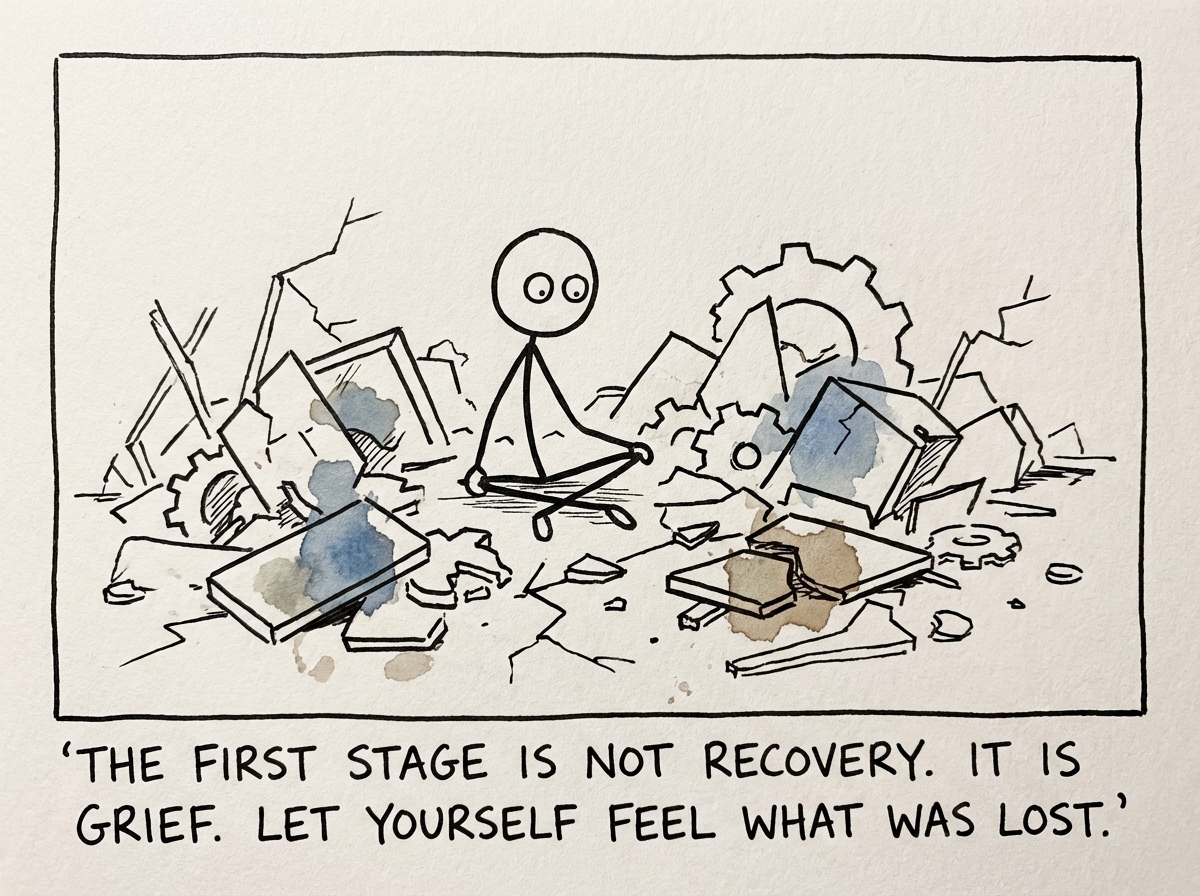 A stick figure sitting in the wreckage of something that fell apart -- scattered pieces everywhere -- staring blankly