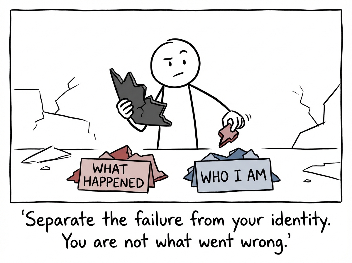 The stick figure holding up a piece of the wreckage and examining it, separating 'what happened' from 'who I am'