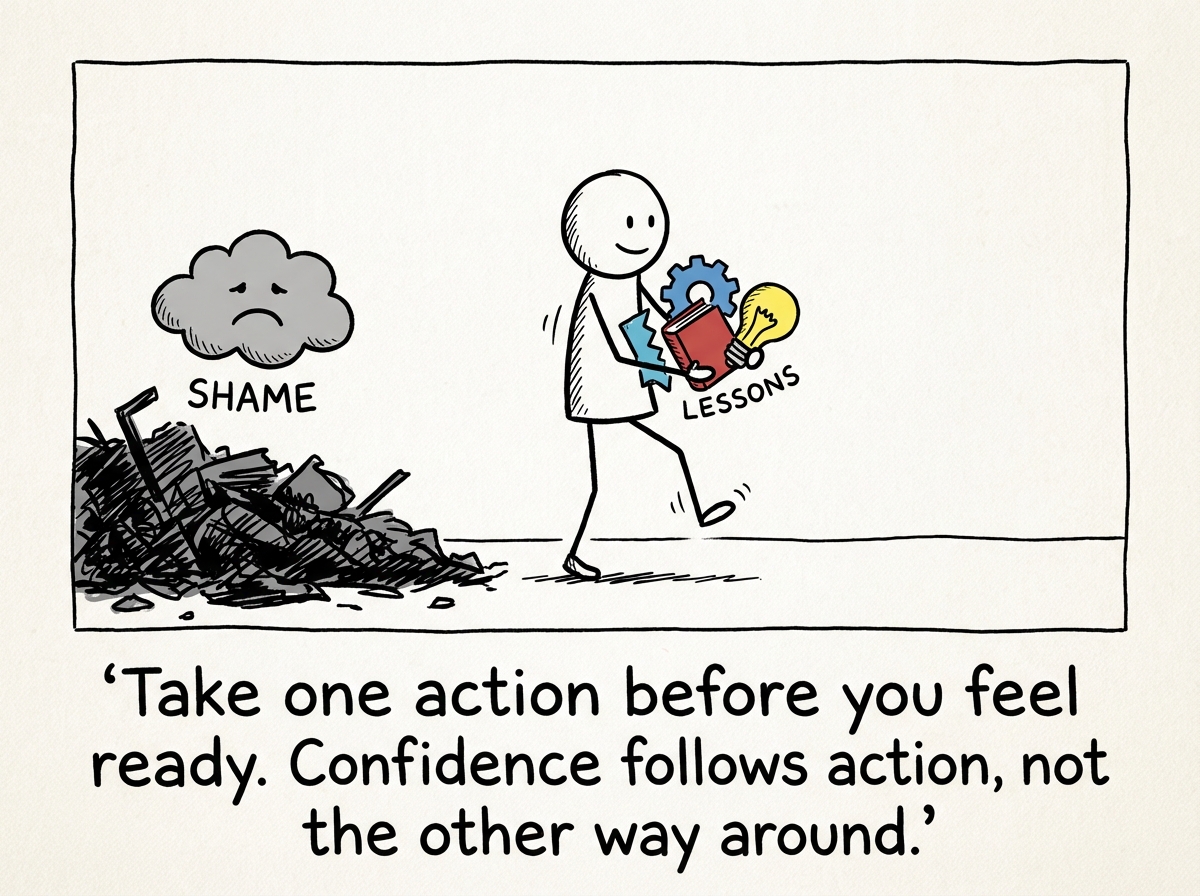 The stick figure taking one small step forward while still carrying a few pieces from the wreckage -- lessons kept, shame left behind