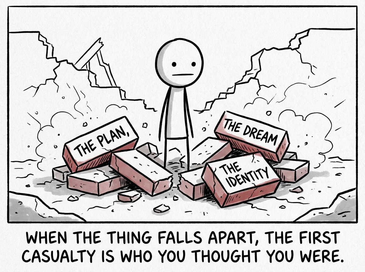 A stick figure standing in the ruins of something that collapsed -- scattered bricks labeled 'the plan,' 'the dream,' 'the identity.' They stare blankly.