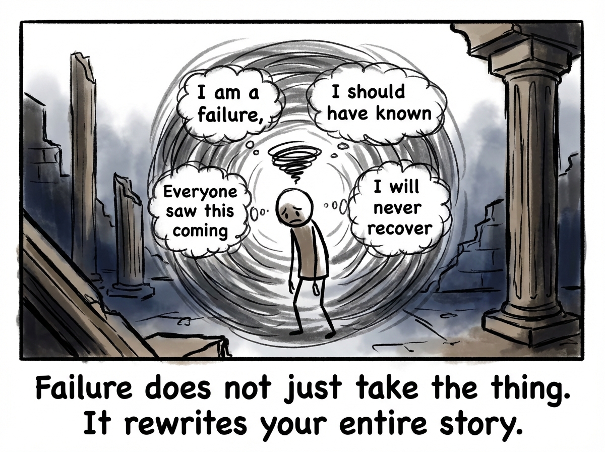 The stick figure spiraling with thought bubbles: 'I am a failure,' 'I should have known,' 'Everyone saw this coming,' 'I will never recover.' The ruins grow darker around them.
