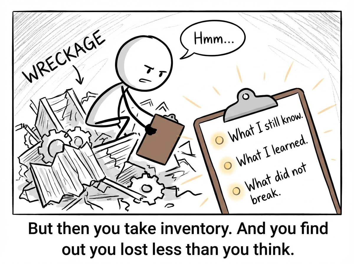 The stick figure picking up a clipboard from the wreckage and starting to write: 'What I still know. What I learned. What did not break.' Small lights appear on each item.